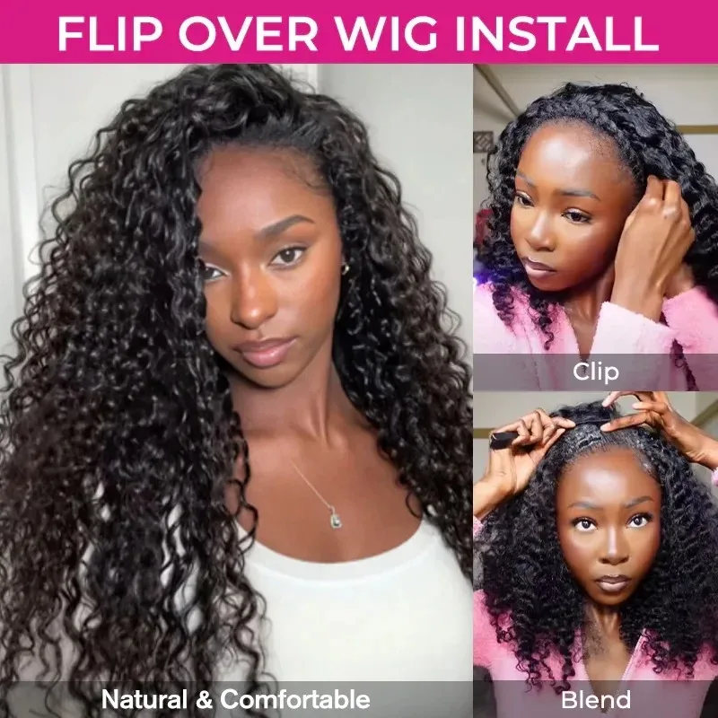 

220% Glueless Wigs Human Hair Afro Kinky Curly Headband Wig Upgrade 3 IN 1 Half Wig With Drawstring Seamless Clip Ins Flip Over