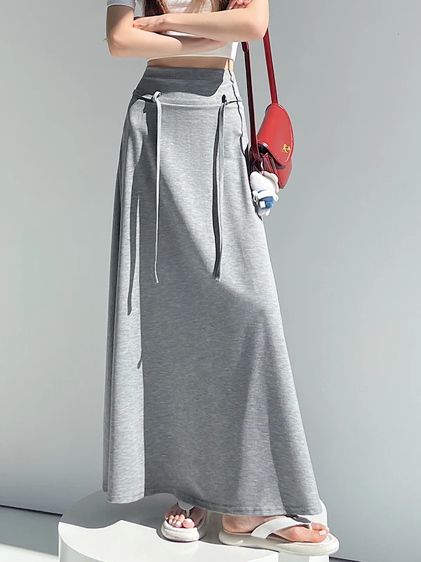 

2026 New High Waist Drawstring Halter Neck Pure Color Women's Skirt Summer Drapey A-Line Long Skirts Korean Style Casual
