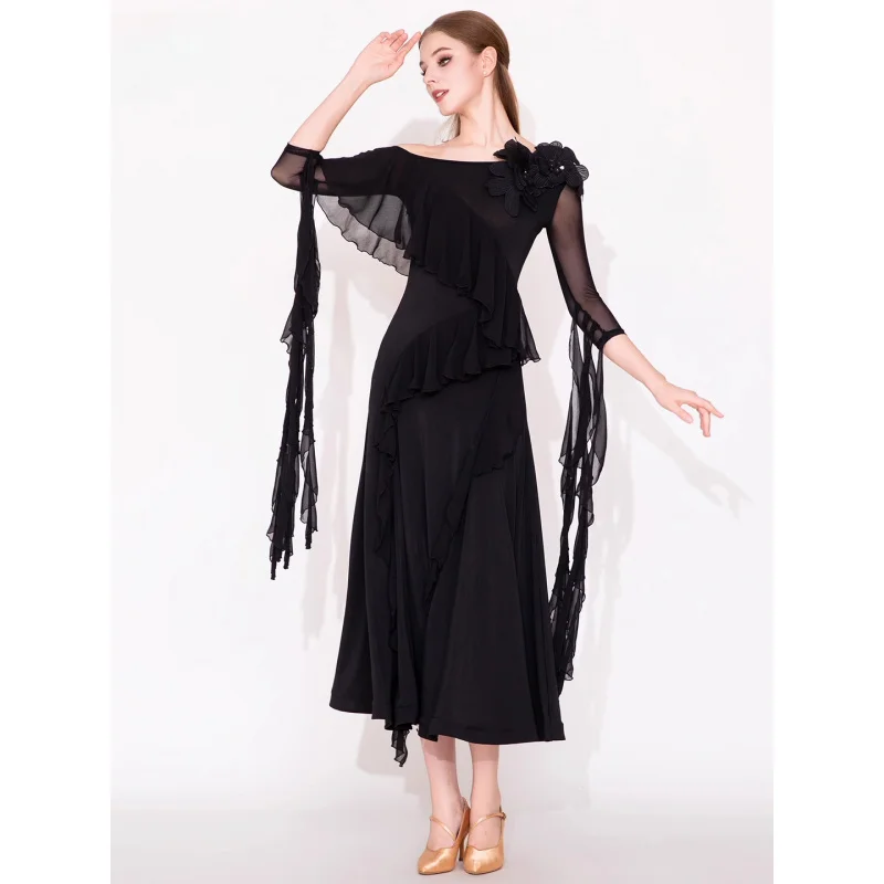 

Женское платье для латинских танцев MY941, бальный вальс, сальса, танго, костюмы для соревнований, струящийся подол с рюшами, стандартная танцевальная одежда