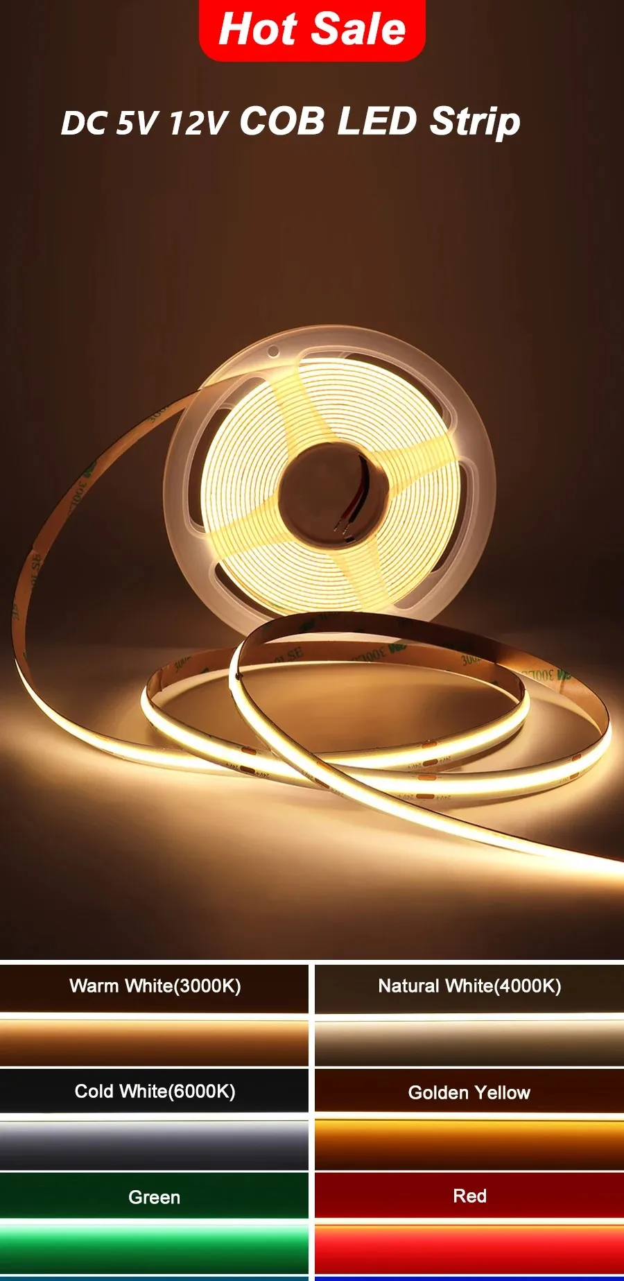 DC5V 12V LED COB Lichtstreifen mit Selbstklebender Rückseite, 320 LEDs, Flexibler COB LED-Lichtstreifen für Küche und Weinschrank – Detail 1