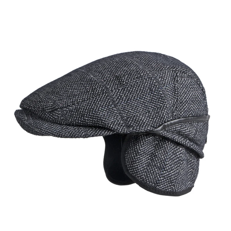 

New Men Beret Hat with Earflaps Autumn Winter Newsboy Cap for Middle Elderly Age Fashion Design Herringbone Flat Peaked Cap Dad