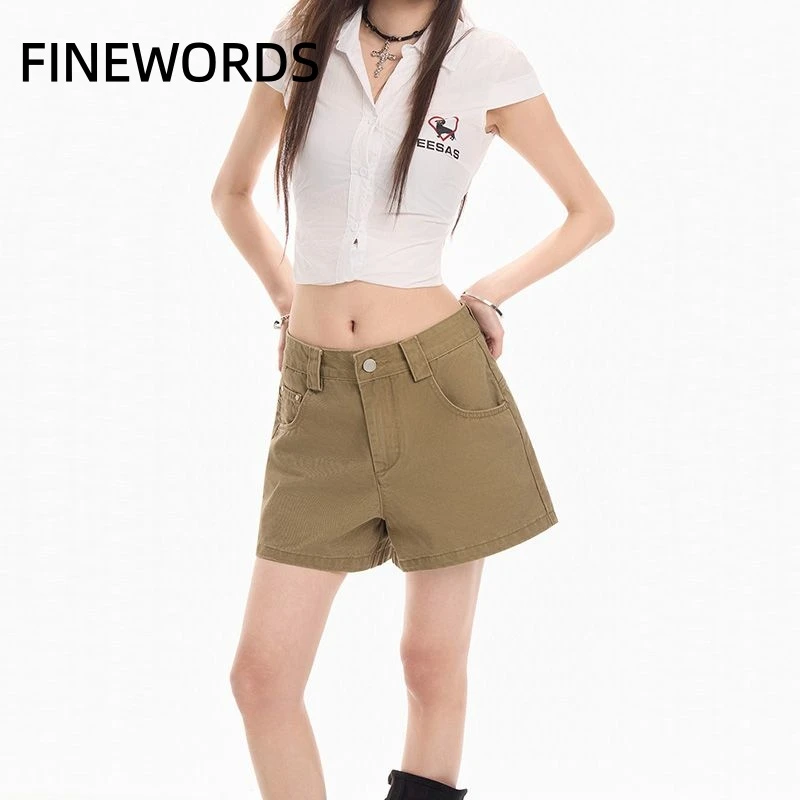 

FINEWORDS 2026 New Khaki High Waist Denim Shorts Women A-line Slim Fit Short Jeans Retro Casual Summer Streetwear Shorts