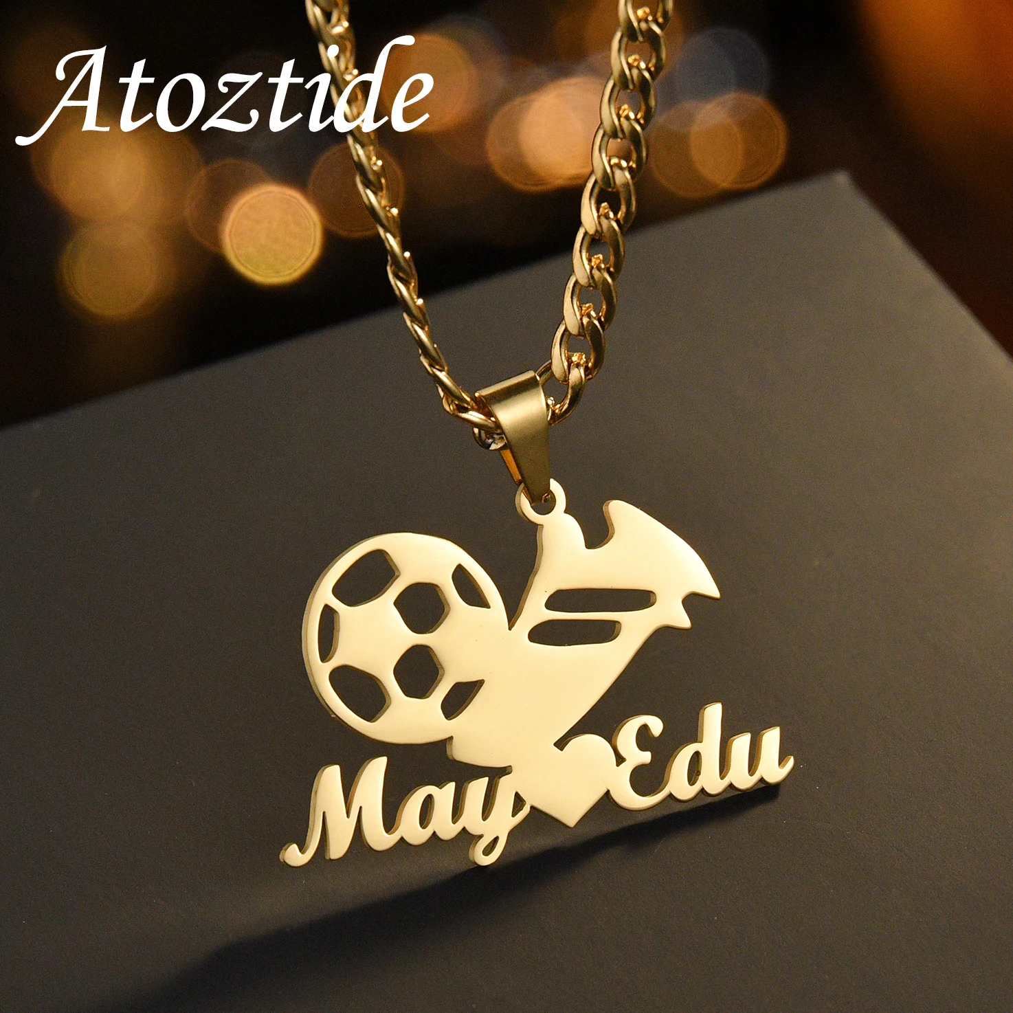 Atoztide Personalized Custom Name Necklace Football Sports Pendant Stainless Steel for Women Men Fashion Birthday Jewelry Gift