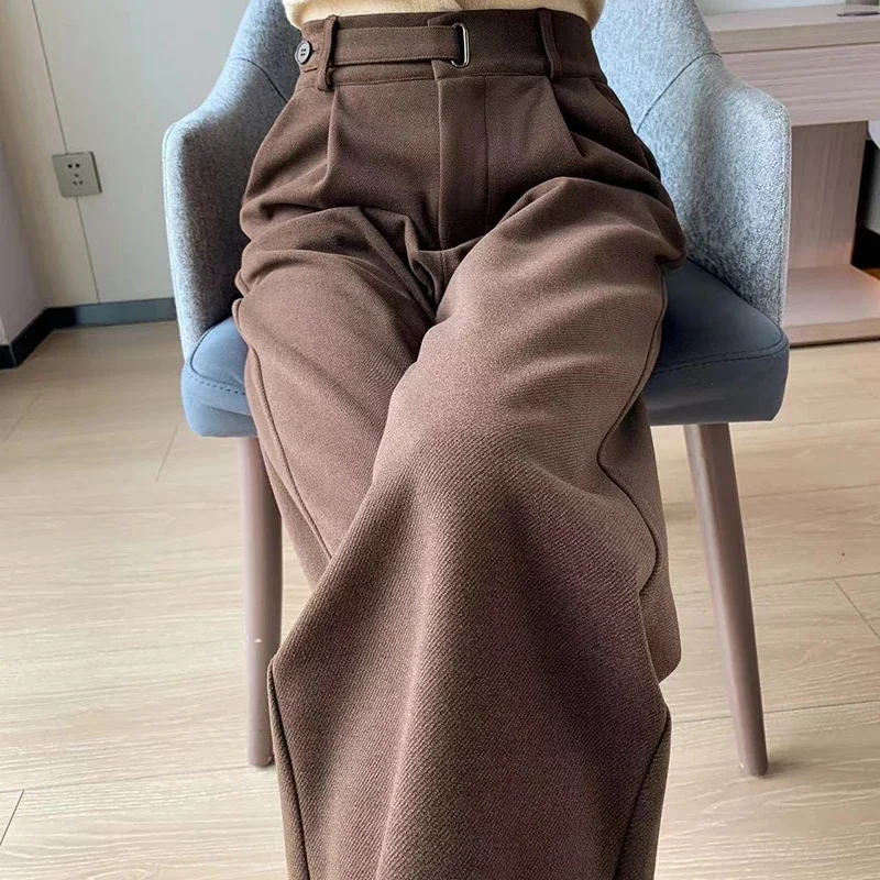 Autumn Winter Woolen Women's Wide Leg Pants High Waist Solid Elegant Korean Button Casual Loose Trousers Female 2024 New