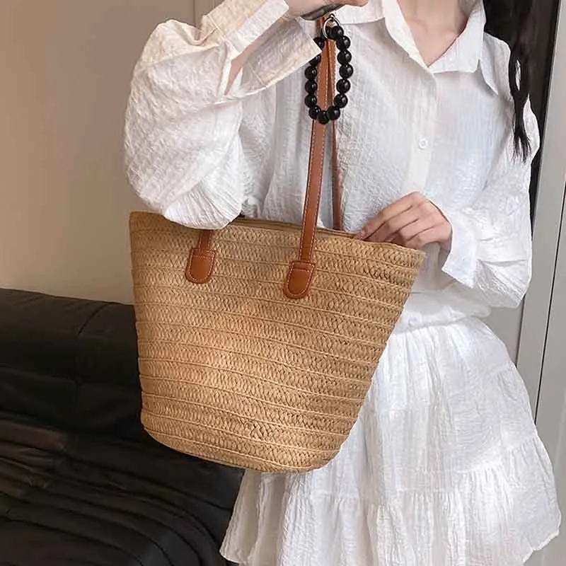 Casual Large Capacity Straw Basket Bag Weave Women Shoulder Bags Handmade Lady Handbags Simple Summer Beach Big Tote Bag 2024