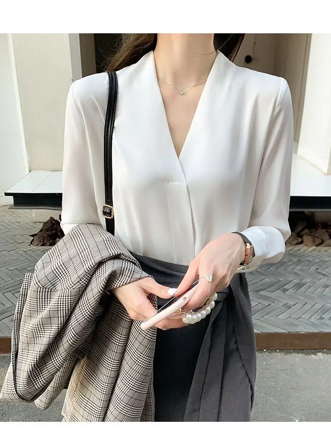 بلوزة Ele Summer White irt النسائية المضادة للتجاعيد ذات ملمس راقي من الشيفون V-Ne Profional ort Sve #4