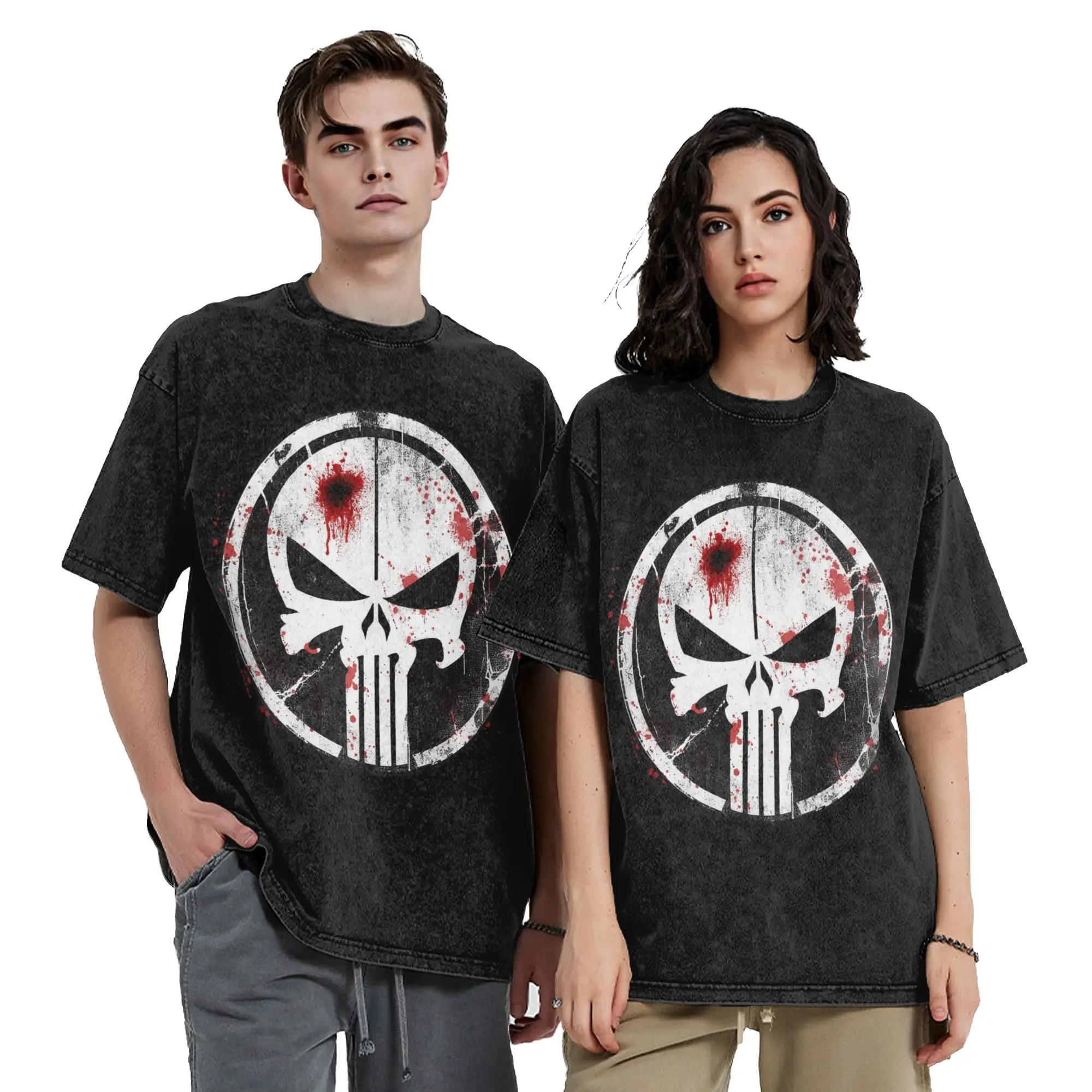 Retro Punisher Blood Vintage Washed Tshirts Men's Round Neck Short Sleeve Tops  Cotton Summer Clothes