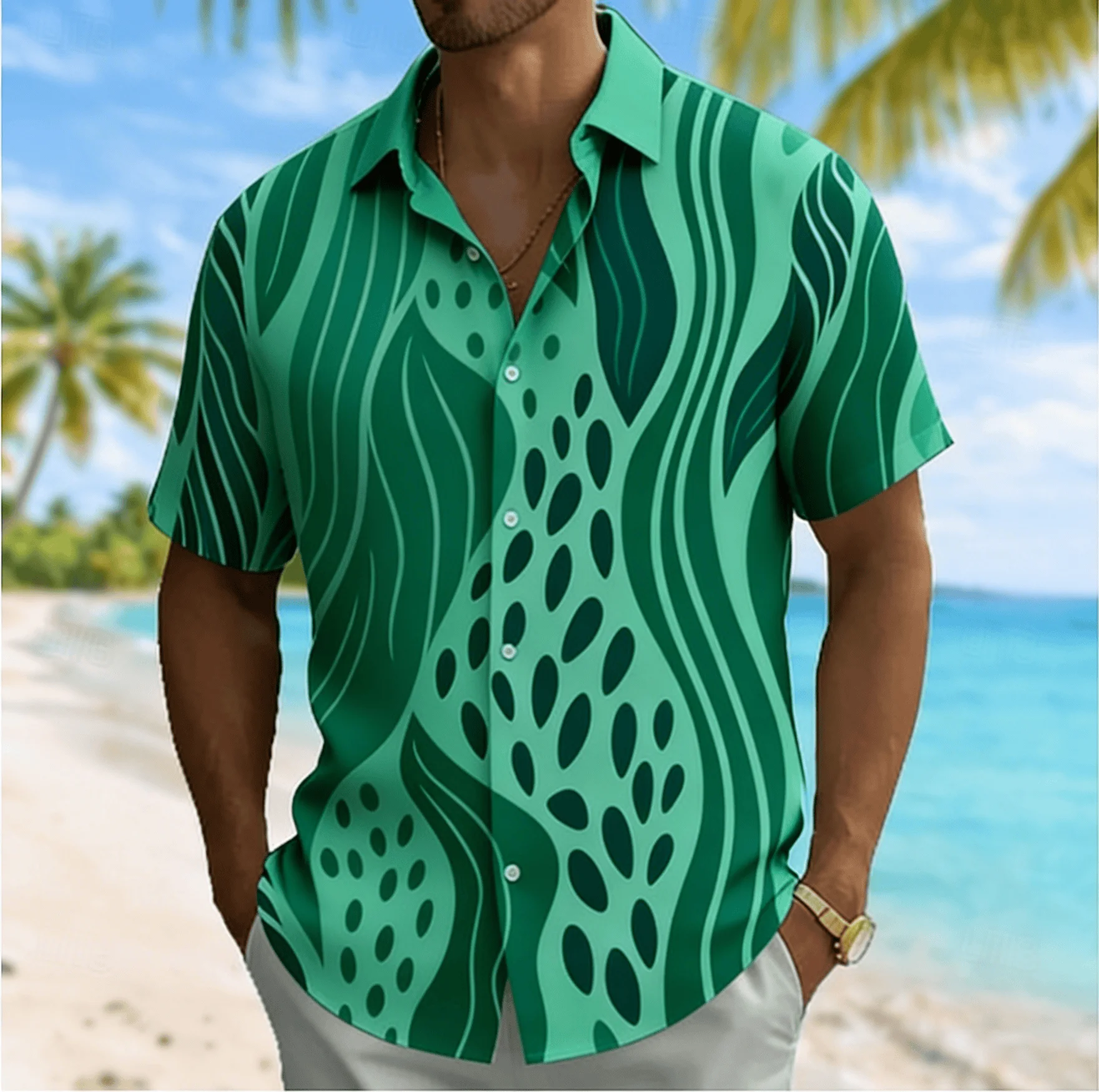 Summer Forest Art Style, Color Contrast Printing, Streamlined Leaves, Wave Point Design, Men's Summer Shirt