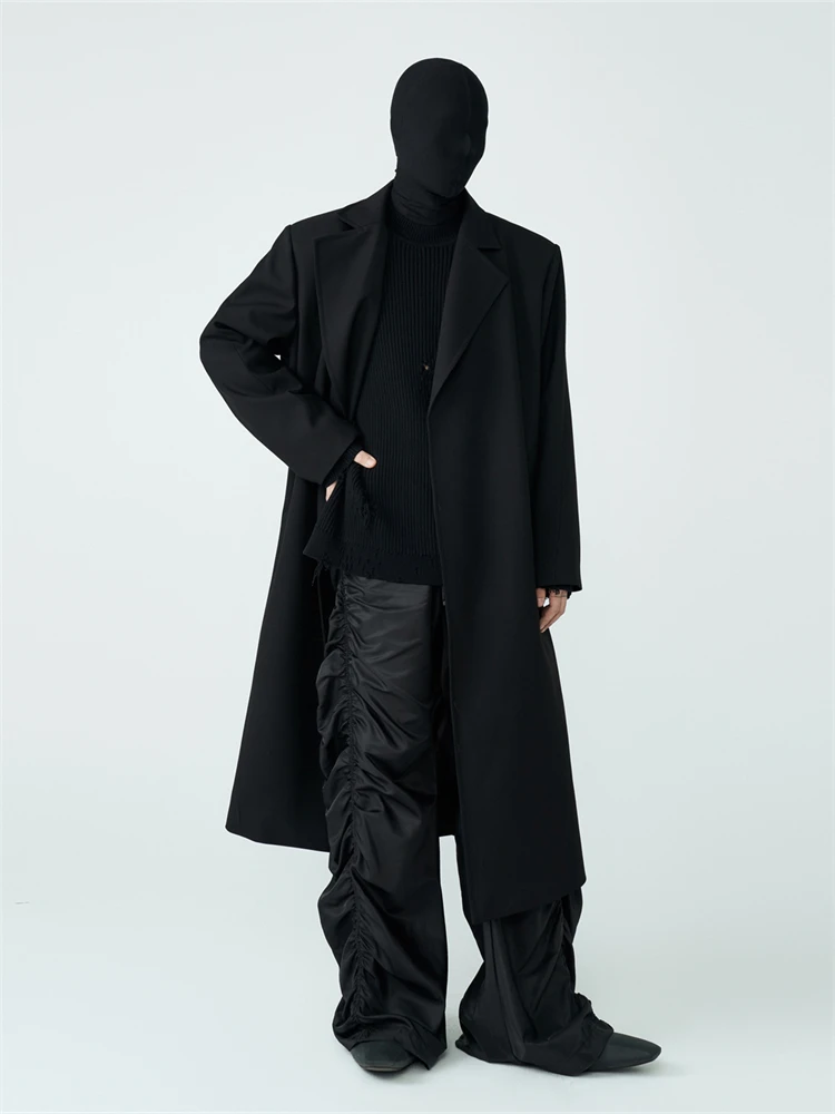 Gabardinas largas de lana para hombre, gabardina de lana sin botones, hombreras holgadas, abrigo negro empalmado de longitud media