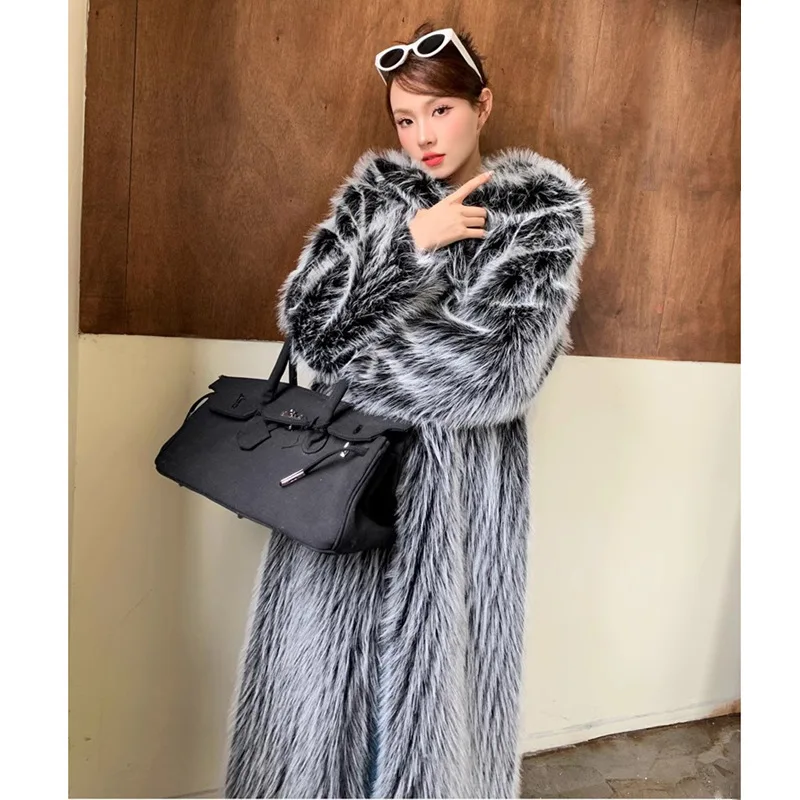 Women's Fall/Winter Cat Ear Hooded Fluffy Black White Fur Jacket Faux Wool Knee-length Long Warm Coat Long Trench Coat Cardigan