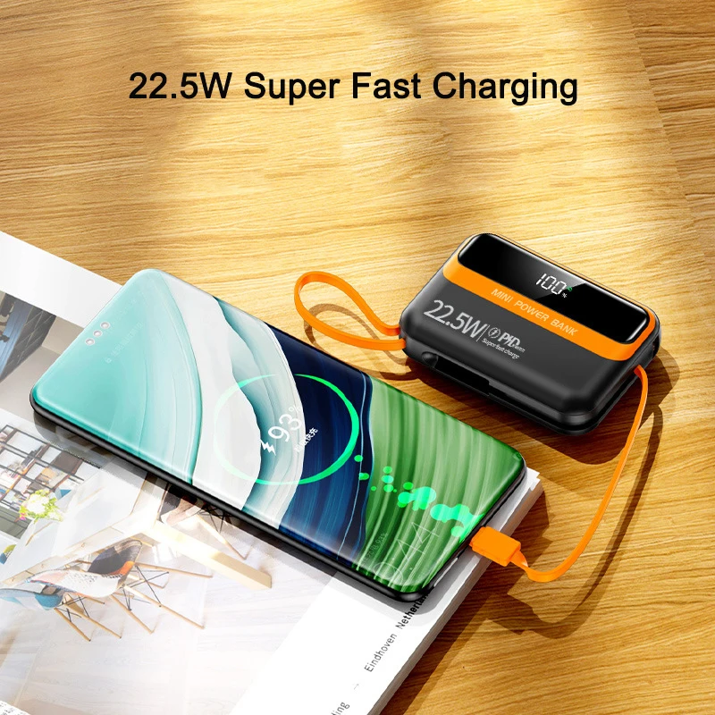 Mini Power Bank 20000mAh 22.5W Fast Charging Built in Cables Powerbank External Battery Charger for iPhone Samsung Huawei Xiaomi