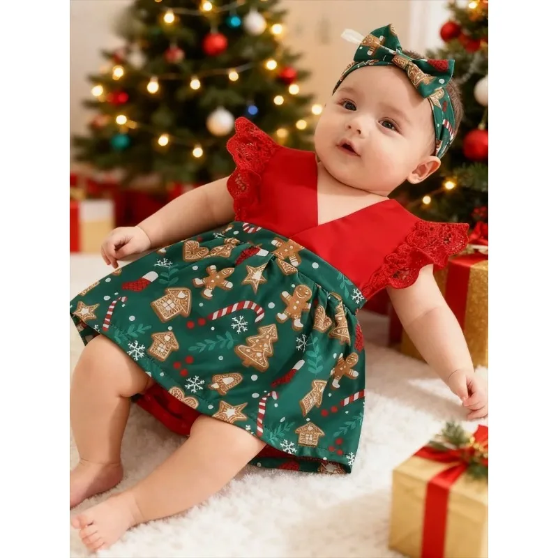 

Baby Girl New Years Outfit Firework Gingerbread Man Print Mesh Long Sleeve Christmas Romper Dress and Bow Headand 2 Pcs Set