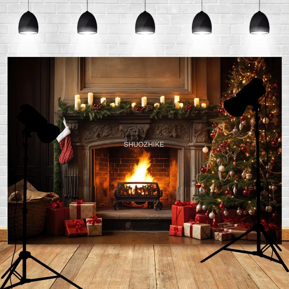 Merry Christmas Background Cosy Living Room With Xmas Tree Decoration Snow New Year Winter Holiday Photography Backdrops XM-02