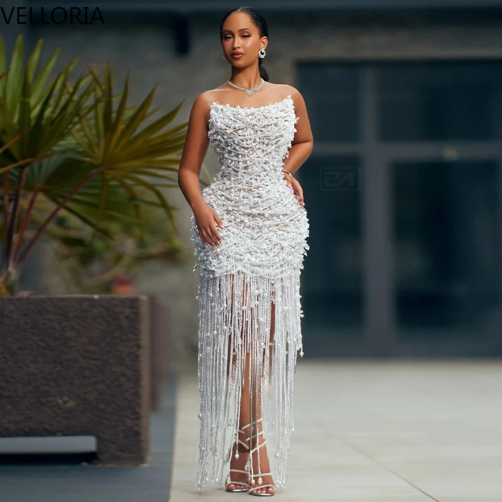 Weißes Midi-Abendkleid mit Perlen und Quasten, sexy trägerloses Ballkleid mit herzförmigem Ausschnitt und Fransen, elegantes Partykleid, individuell gestaltet