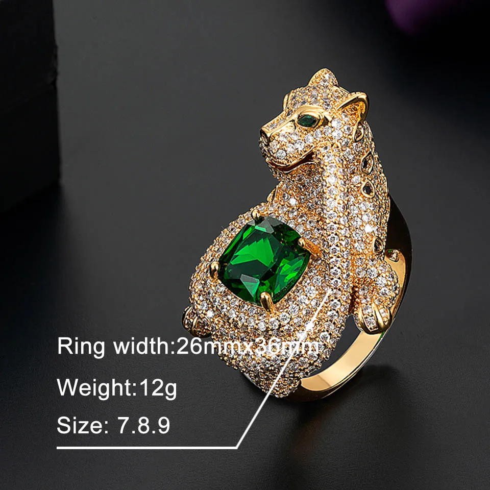 Zlxgirl Fashion Woman Statement Leopard Shape Animal Finger Ring Green Zircon Eyes Dubai Gold Color Ring couple bijoux Aneis