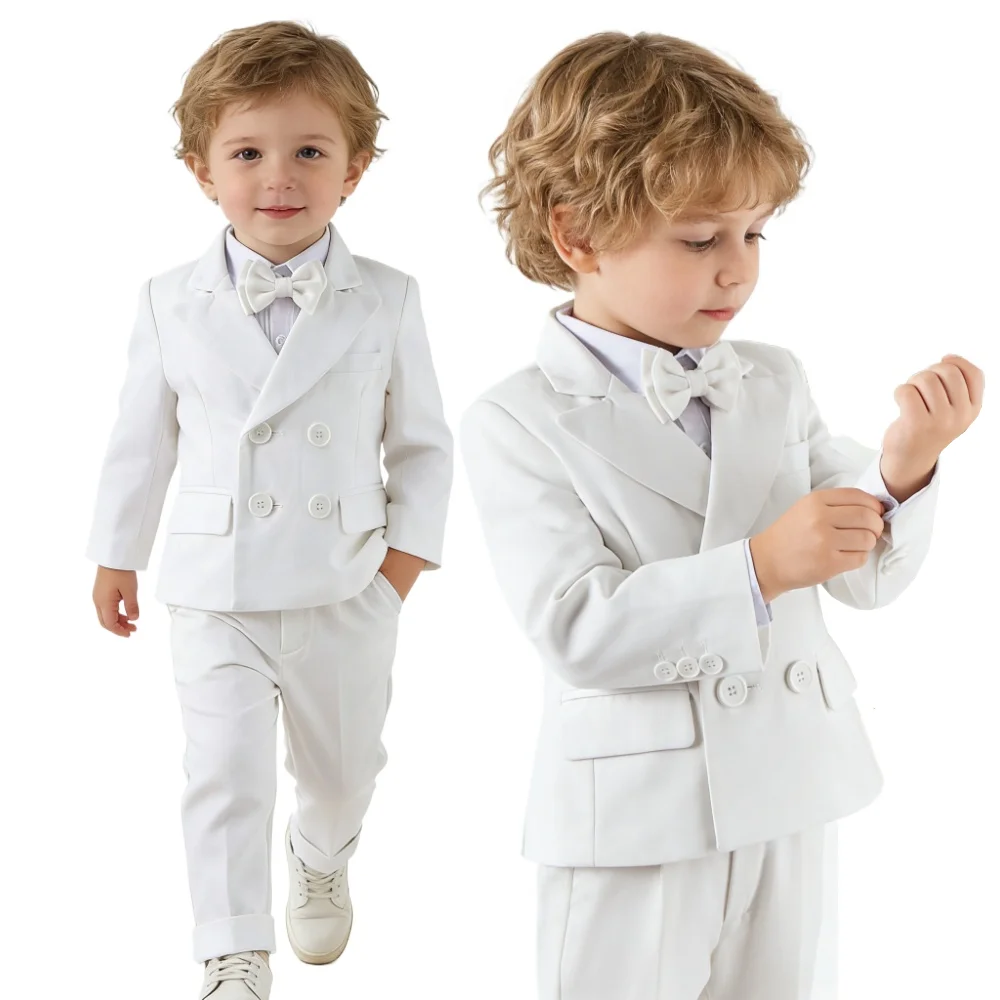 

Boys Gentleman White Baptism Suit 3pcs Clothes Set Slim Fit Jacket Pants Bowtie Wedding Costume Children's Birthday Dress Outfit