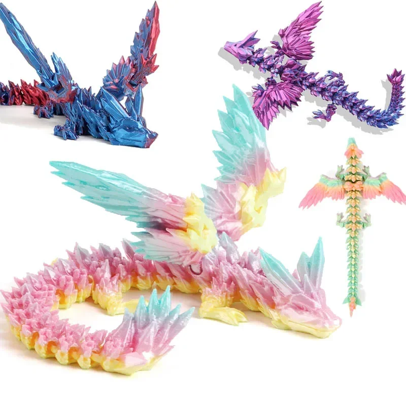 

3D Printed Dragon Colorful Gem Dragon Figurines Movable Joint Rotatable Articulated Dragon Crafts Desktop Western Style Ornament