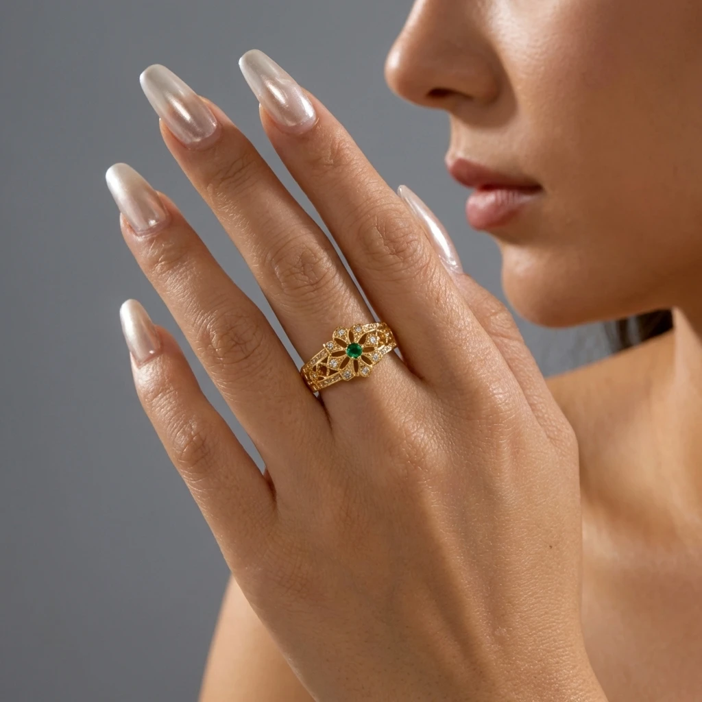 Grüne Kubische Zirkonia Hohle Blumenringe für Frauen Elegante Goldfarbene Geometrische CZ-Ringe Hochzeitstag Schmuck Geschenk – Detail 2