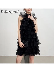 TWOTWINSTYLE Solid Patchwork Ruffles Mini Dresses For Women O Neck Sleeveless High Waist Temperament Dress Female Fashion New