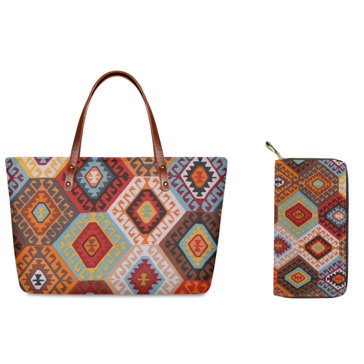 FORUDESIGNS Navajo Aztec Tribal Patterns 2Pcs/Set Ladies Tote Bags Timeless Fashion Luxe Dignity Wallets Leather Purses