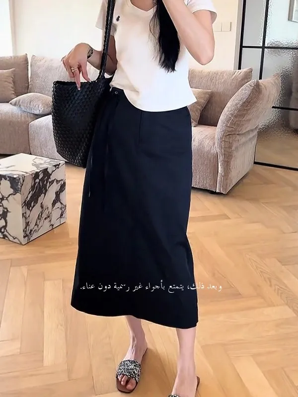 Casual High Waist A-Line Midi Skirt for plus Size Women Summer Straight Leg Split Half Body Skirt Slimming Elastic Waist