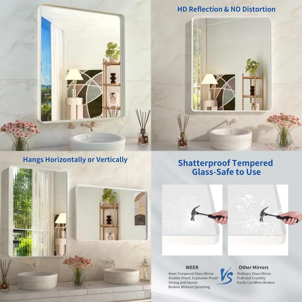 

28x36 Inch Rounded Rectangle White Metal Frame Vanity Mirror with Matte White Finish and Tempered Glass, Suitable for Both Horiz