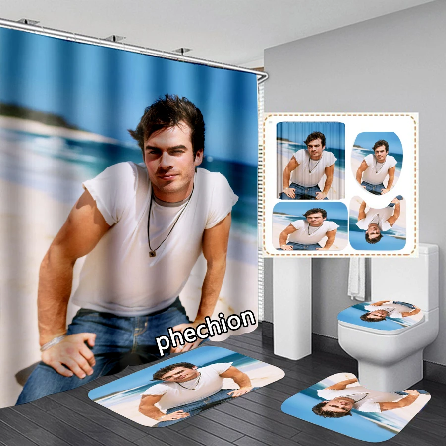 phechion Ian Joseph Somerhalder 3D Print Waterproof Bathroom Shower Curtain Toilet Cover Mat Non-Slip Floor Mat (1/3/4Pcs) W37