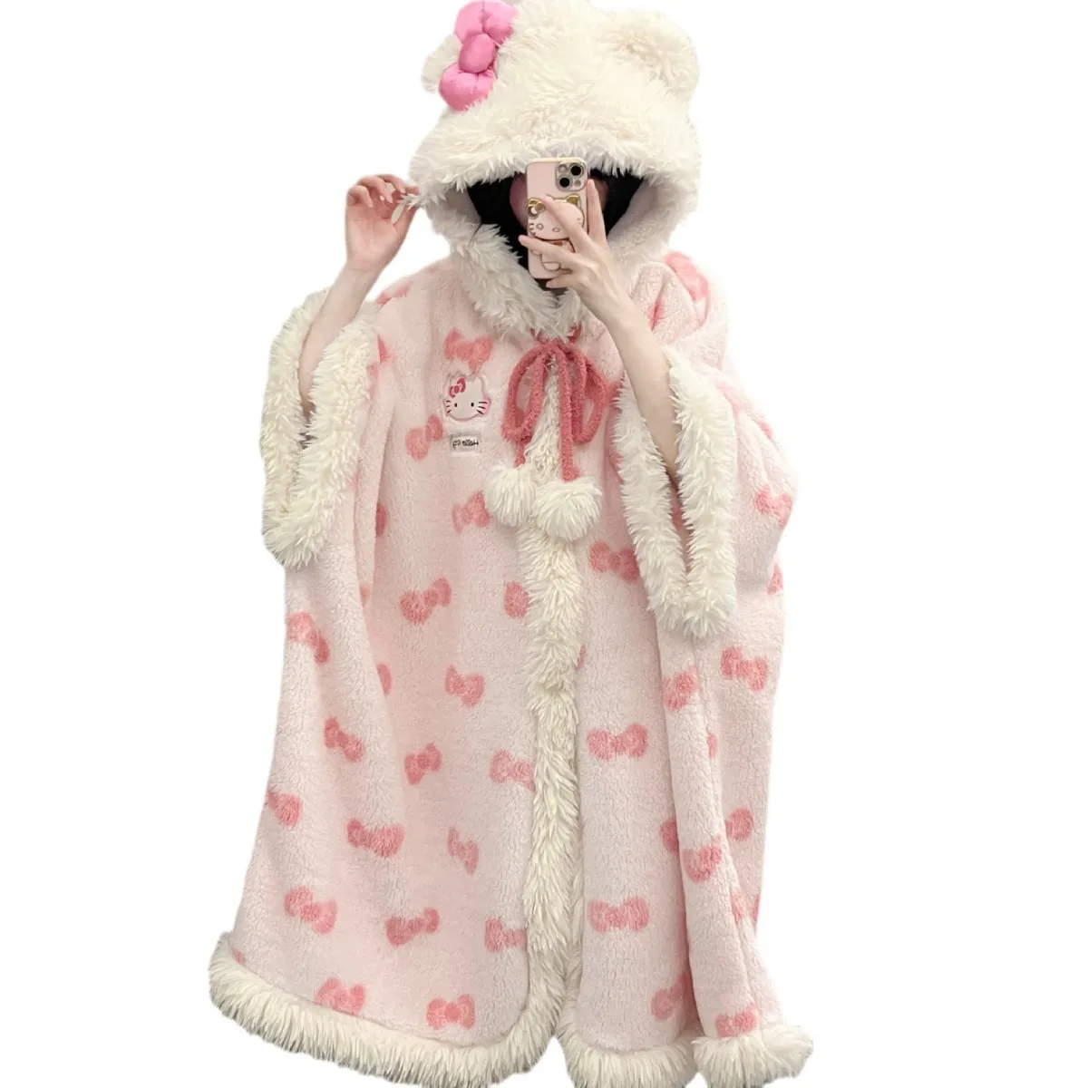 Sanrio Hello Kitty Girls Pajamas Robes Winter Warmth Coral Velvet Women\'s Home Clothes Cape Set Home Clothes Holiday Gifts