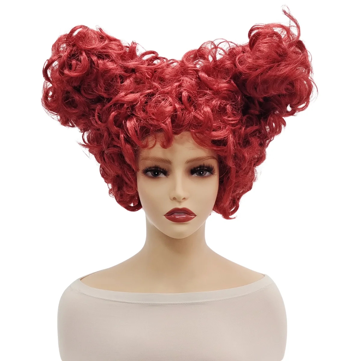 Red Queen Inspired Red Curly Double Bun Wig, Synthetic Hairpiece for Alice in Wonderland Cosplay, Halloween and Costume Parties image 3