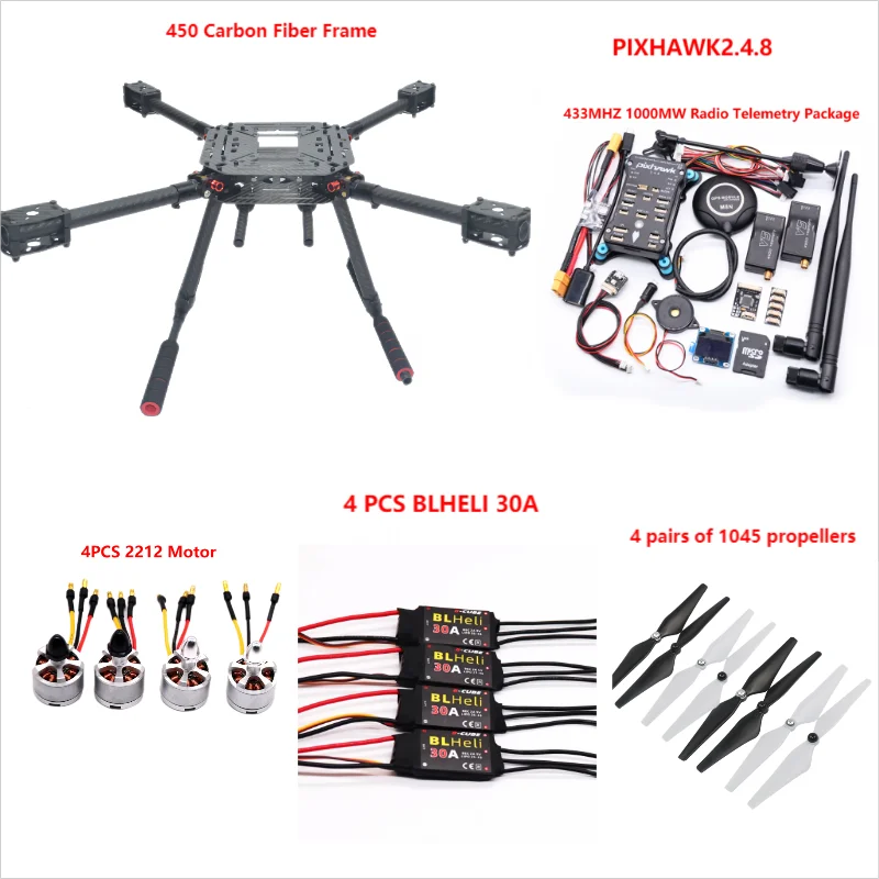 Pixhawk2.4.8 controle de vôo fibra carbono 450 quadro kit ardupilot 100mw radio telemetria quadcopter blheli 30a 2212 motor esc