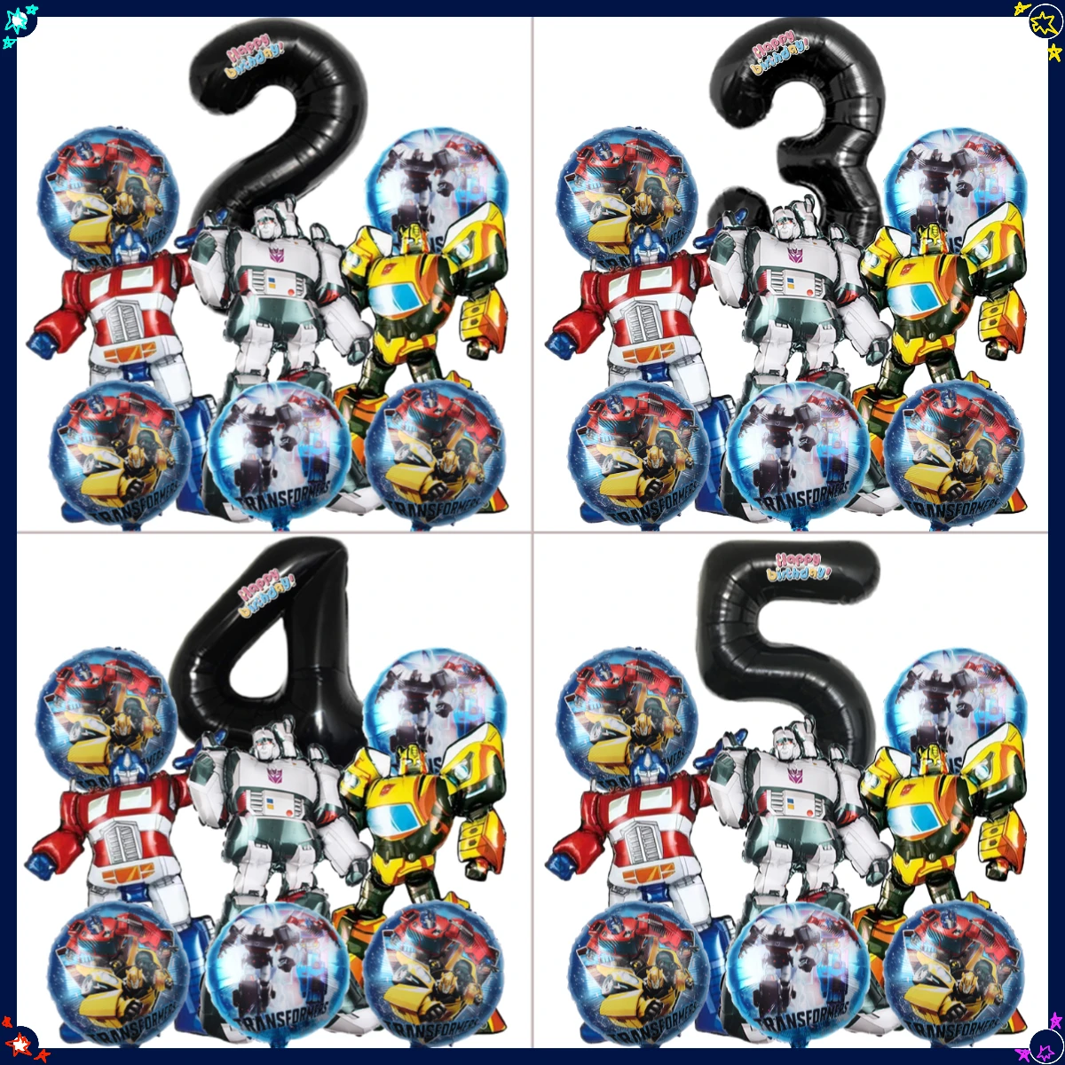 Kit de 9 ballons en forme de robot transformable de dessin animé, chiffres noirs 0-9 en aluminium, pour décoration de toile de fond de fête d'anniversaire