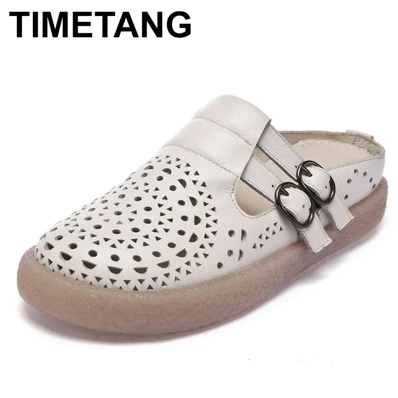 TIMETANG  Women Genuine Leather Mules Hollow Out Slippers Women Summer Shoes Retro Brand Handmade Flat Heels Women SlippersE780