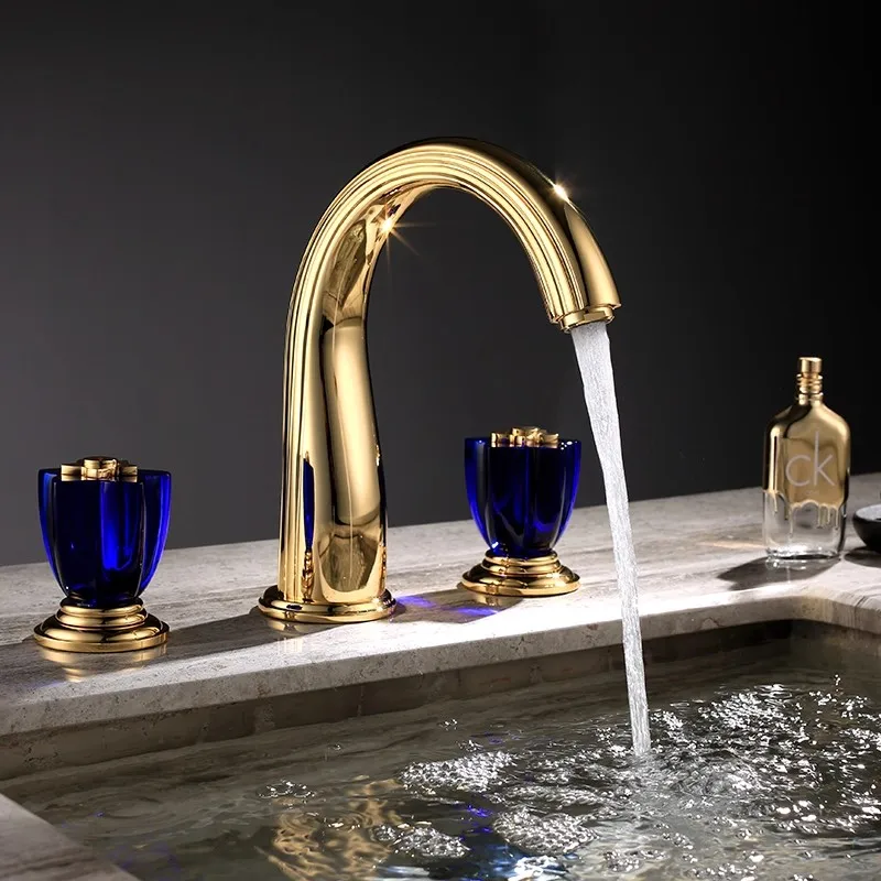 

Gold Widespread Crystal Handle Basin Faucet Luxury Gold Brass Hot and Cold Art Faucet Bathroom 8 inch Mixer Gold