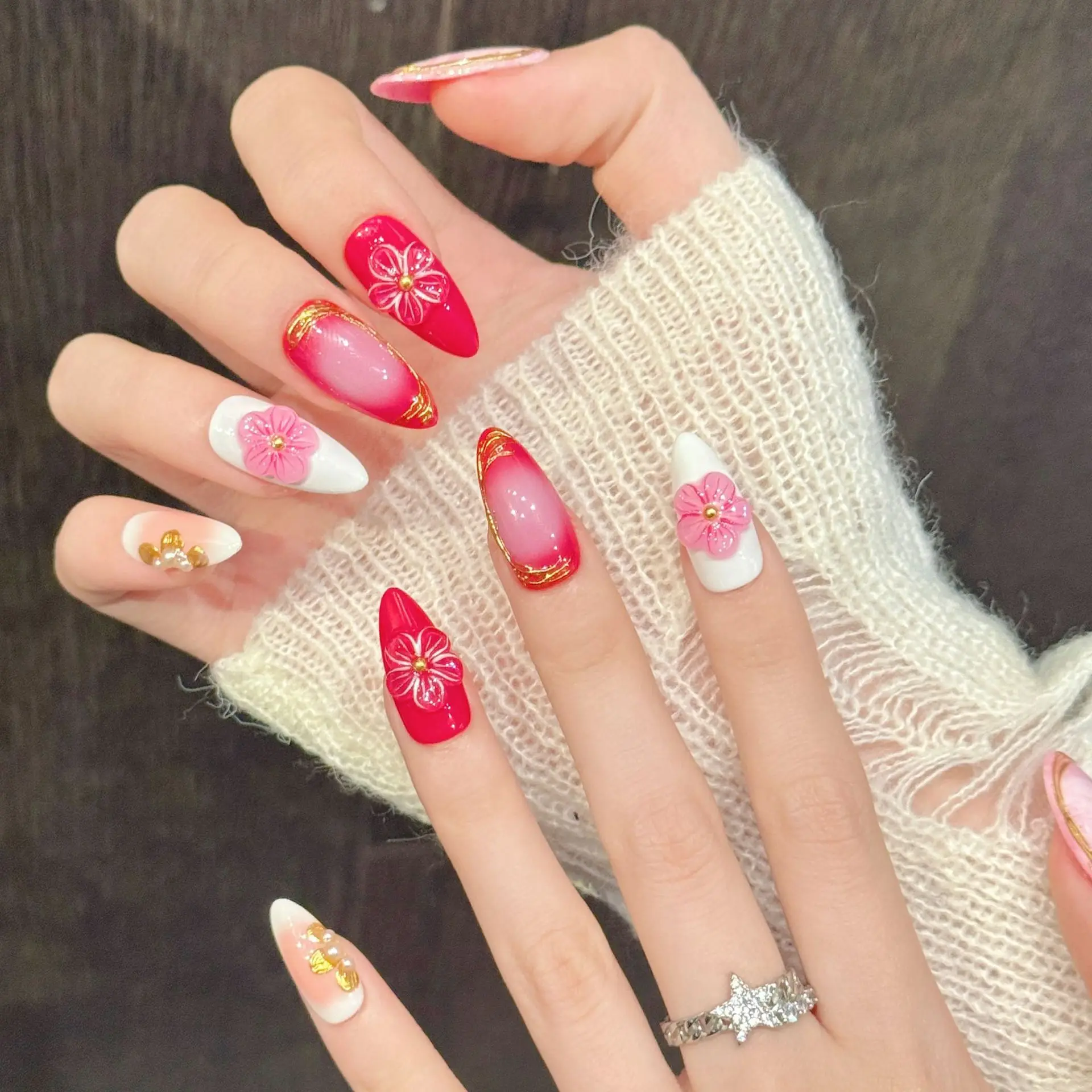 10PCS Handcrafted Pink to Red Ombre Fake Nails Gold Floral Carved Almond Shape Press on Nails With 4-PIECE Tool Adhesive Nail