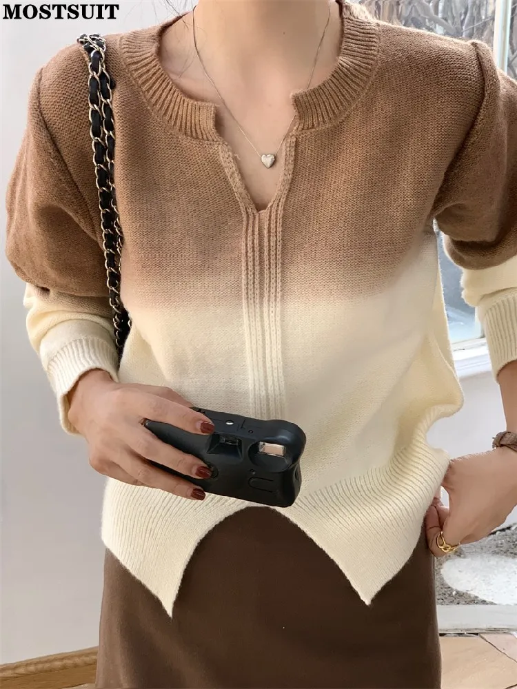 Gradient Color V-neck Women Sweater Knitwear Spring Autumn Long Sleeve Stylish Fashion Ladies Split Jumpers Tops Knitwear 2024