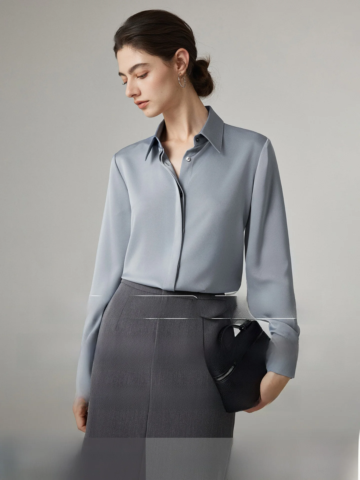 

Yoka Home Satin Fabric Upgrade 30 Grey Blue Women's Shirt Spring Autumn Drapey Commute Professional Long Sleeve V-Neck