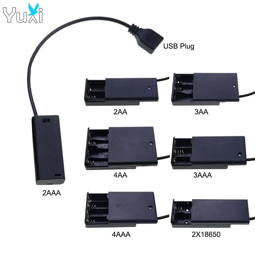 YuXi 18650 AA/AAA 2/3/4 Slot Battery Holder Battery Storage Box With USB Plug Terminal Line With Cover & Power Switch