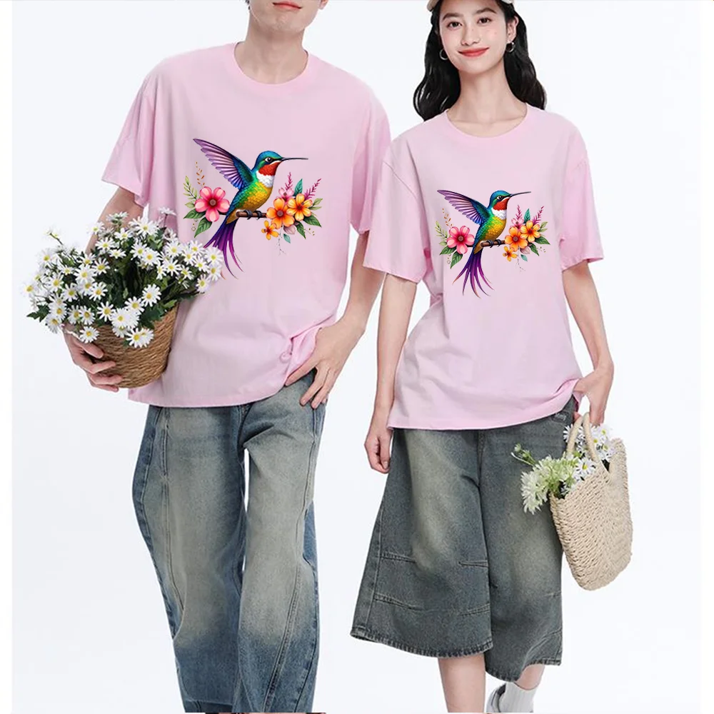 Hummingbird And Flowers Printed T Shirt Breathable Fabric S-XXL Personalized Custom Casual Short Sleeve Tee Aesthetic Graphic To