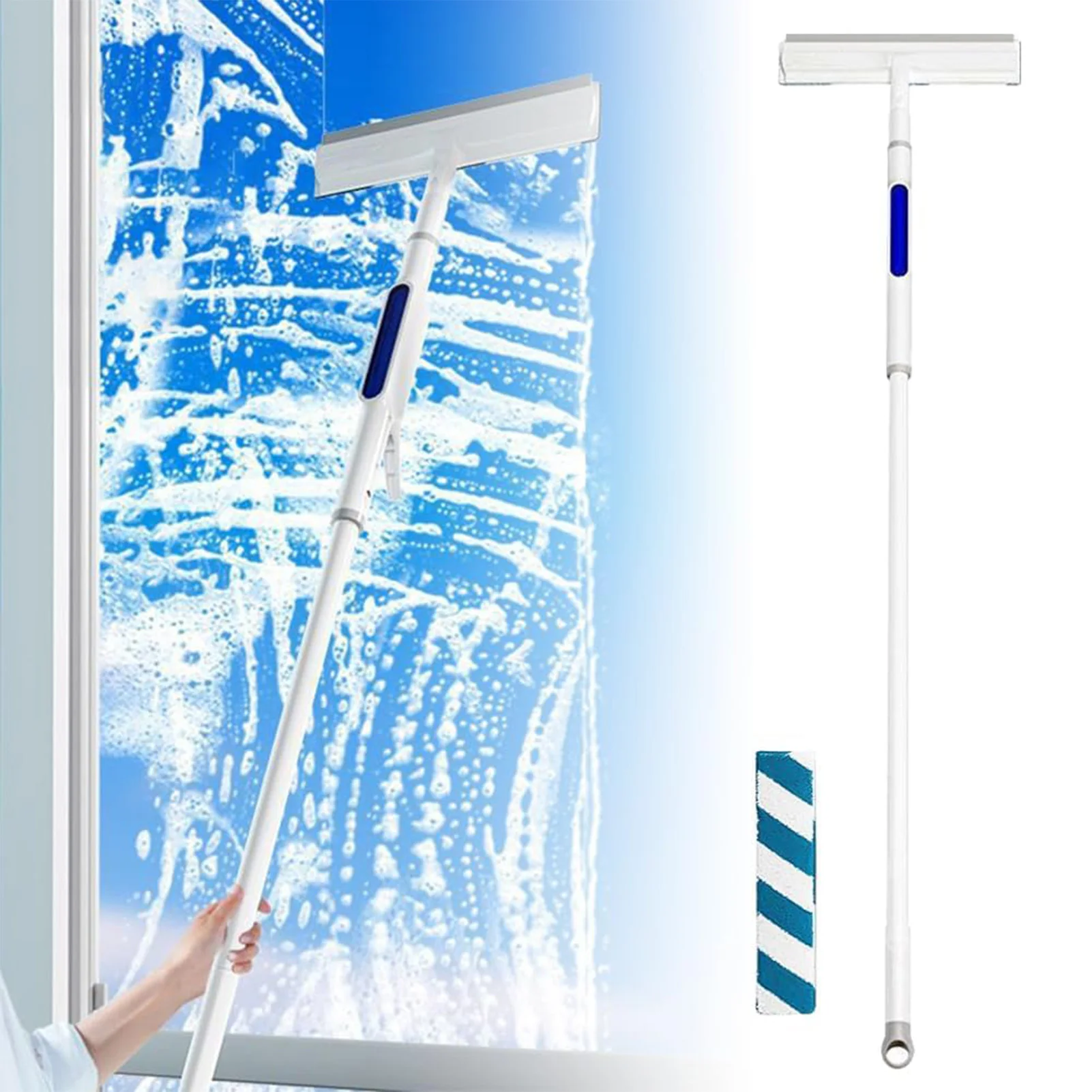 2-in-1 Window Squeegee Scrubber Adjustable Telescopic Pole Glass Cleaner Tool for Hardwood Laminate Wood Ceramic B88