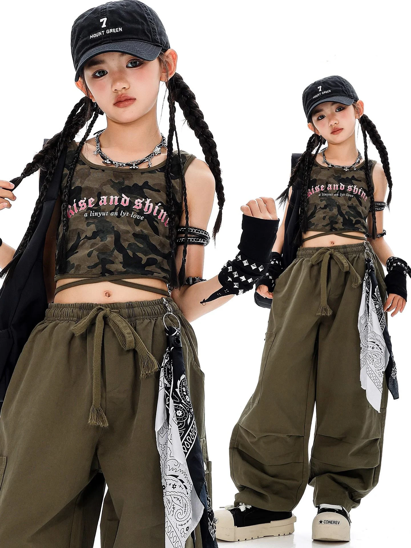 Army Green Jazz Dance Clothes Girls Camouflage Vest Loose Pants Ballroom Practice Perform Wear Casual Street Clothing BL16265
