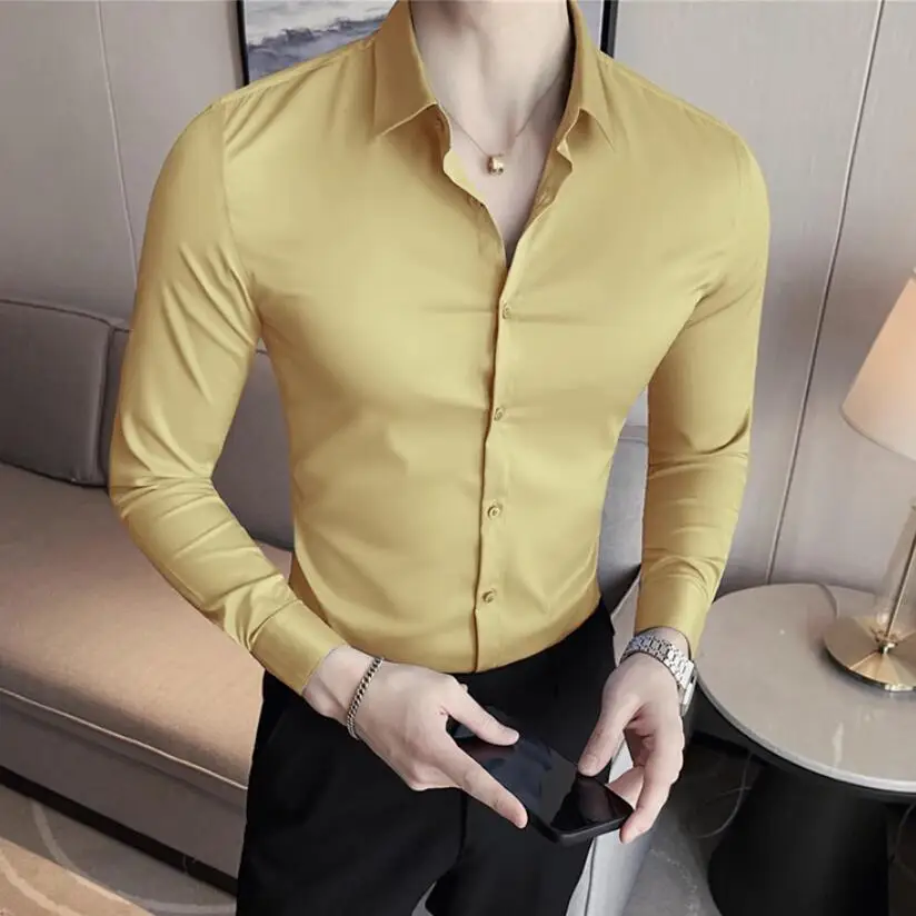 New Style Men\'s Spring Autumn High Quality Long Sleeve Shirts /Male Slim Fit Lapel Solid Color Business Dress Shirt 4XL-M