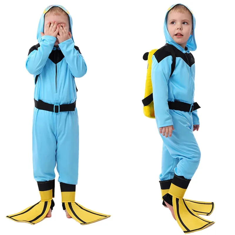 

Детский костюм дайвера на Хэллоуин для мальчиков и девочек, детский костюм для косплея, забавная праздничная одежда, синие костюмы для дайвинга, комбинезон со шляпой, костюм на Хэллоуин