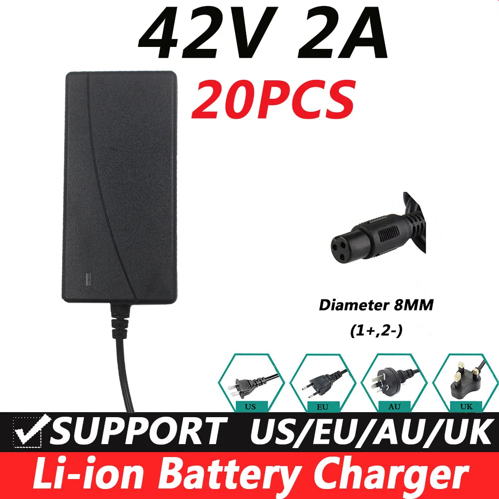 20 pcs 42V 2A Universal Battery Charger, 100-240VAC Power Supply for Self Balancing Scooter hoverboard charger UK/EU/US/AU Plug