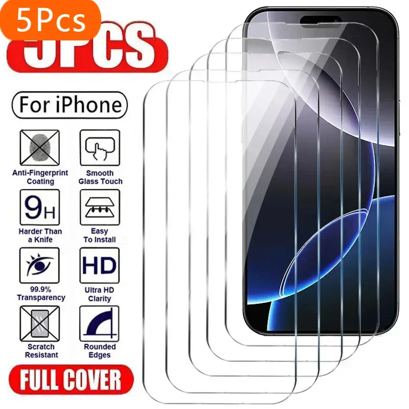

5pcs Full Coverage Tempered Glass for iPhone 16 15 14 13 12 11 Pro Max Plus Screen Protector HD Protective Glass on iPhone 11