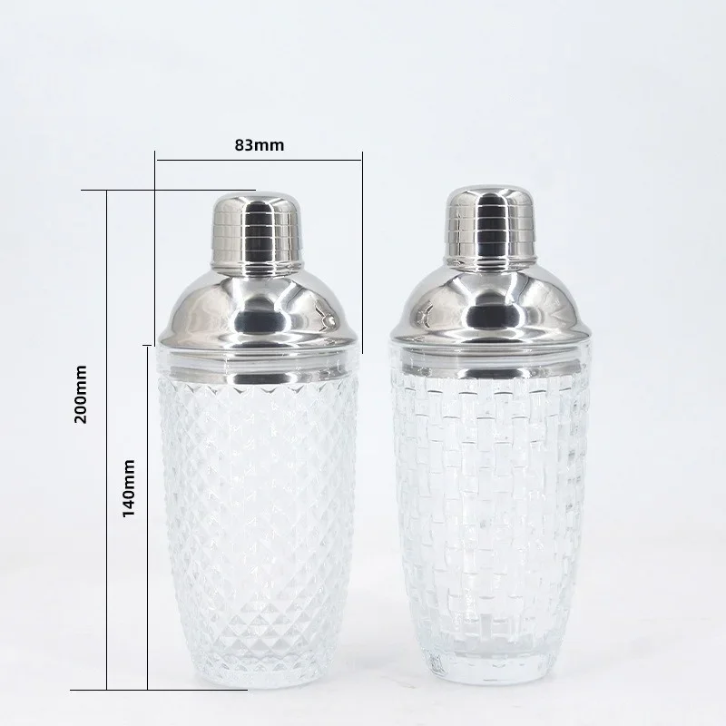 Glass Cocktail Shaker Martini Mocktail Making Set with Leakproof Metallic Steel Lid Woven Pattern Glass Cup Home Use Bar Gadget