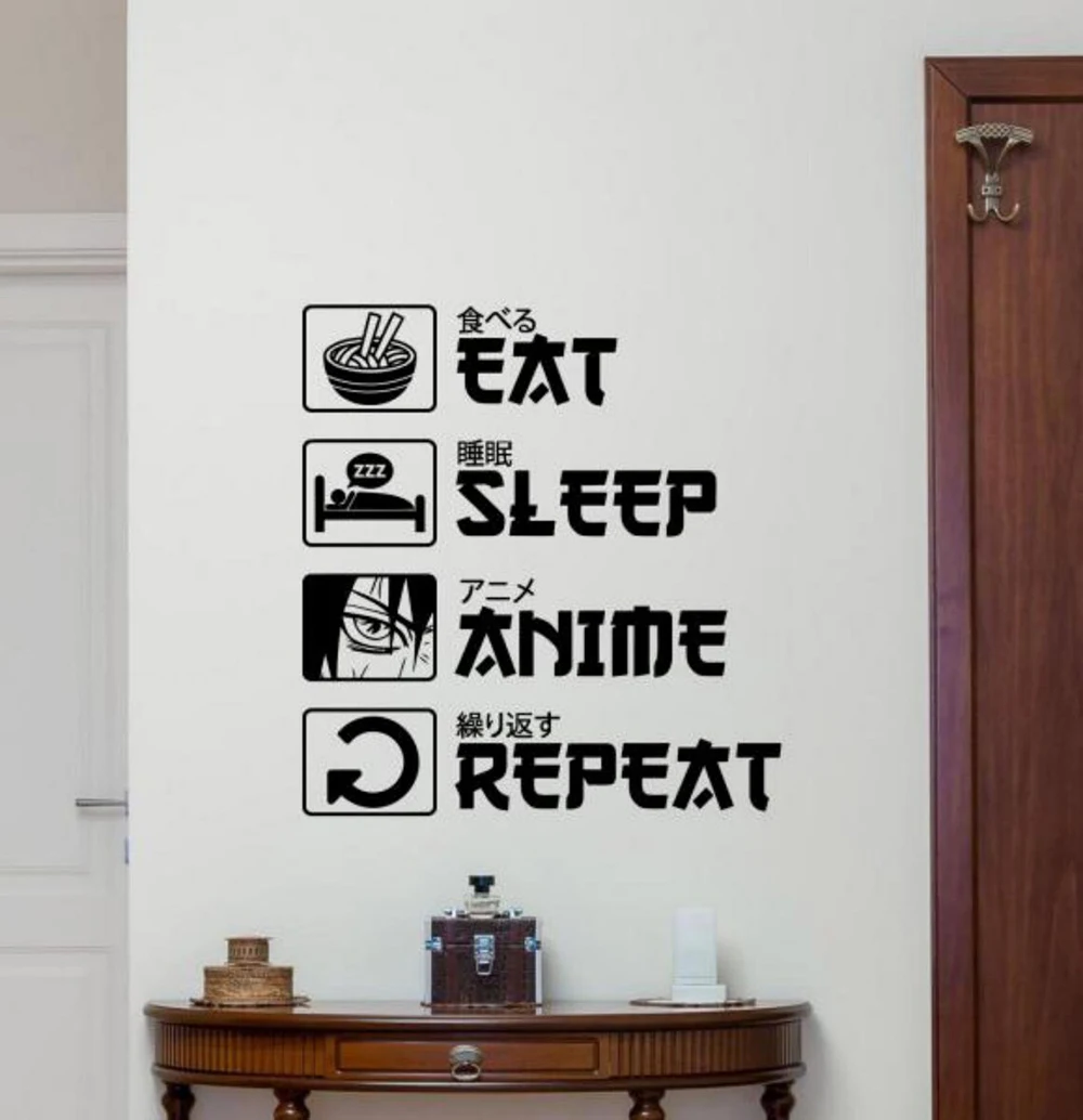 Cartoon Eat Sleep Anime Repeat Wall Sticker Japanese Writing Kanji Game Zone Wall Decal Playroom Bedroom Home Decor