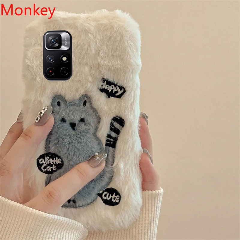 Korean Cute Cat Fur Fluffy Phone Cases For Xiaomi Redmi Note 11S 10S 9S 12 11 10 9 S 9T 10A 10C 9A 9C Mi 11T 12T Girl Gift Cover