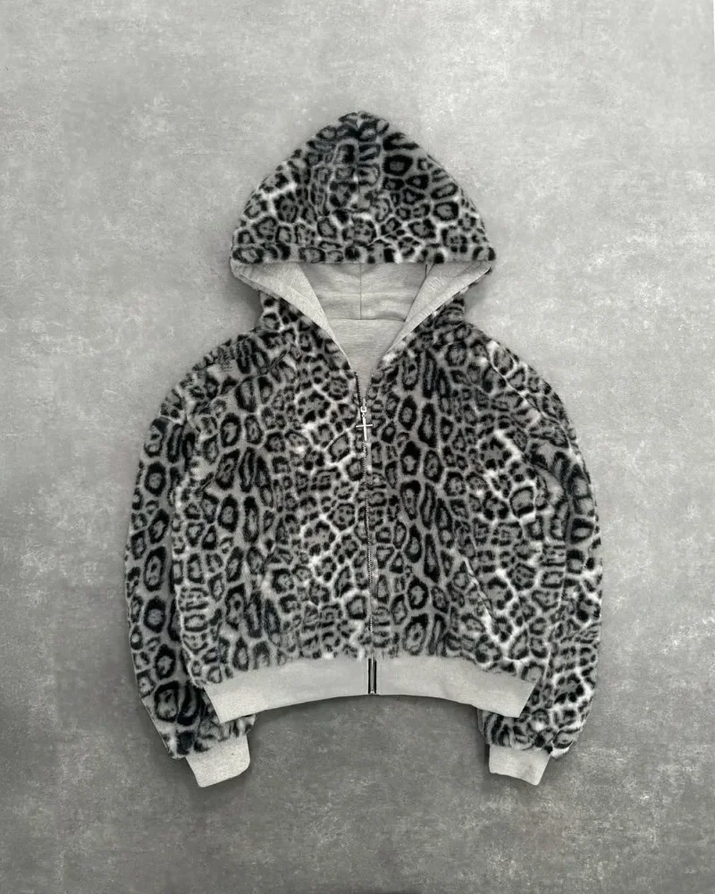 New Two-sided Clothing Harajuku Retro Leopard Print Fashionable Loose Zipper Hoodie Men Street Hip-hop Casual Sweatshirt Women