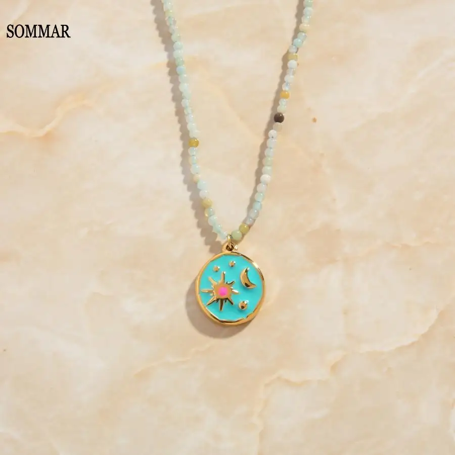 SOMMAR resin charms 18KGP Gold plated Female Friend necklaces pendants olored Glazed Star Moon Pendant bead necklace Wholesale