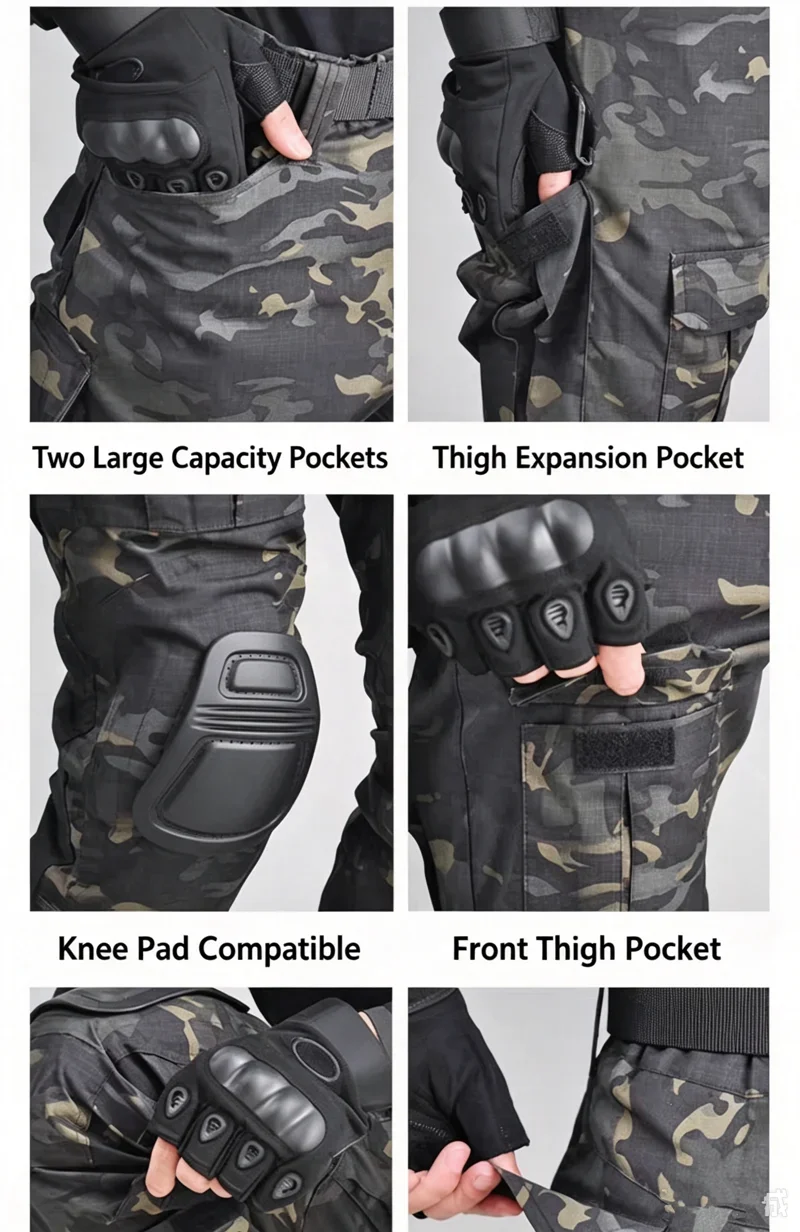 Taktische Jagdhose für Männer, Camouflage-Hose, Frosch-Cargo-Hose mit Knieschonern, Arbeitshose, Militär-Jägerhose, Armeewanderhose – Detail 3